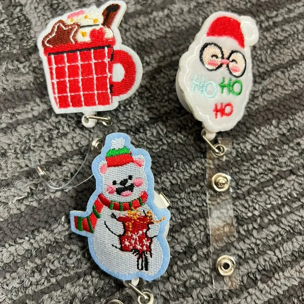 3 Pc Christmas Retractable Badge Reel Set Santa Snowman Embroidered ID Holder